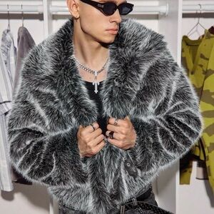 Men's Luxurious Faux Fur Coat - Black and Gray
